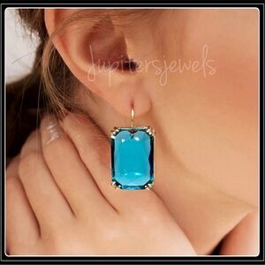 NEW GOLD MEGA EMERALD CUT SIMULATED BLUE TOPAZ CUSHION EARRINGS